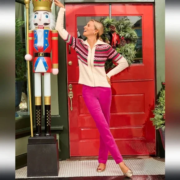 NWOT Talbots Women's Stretch Corduroy Straight Leg Magenta Pant Size 14P Bold - Picture 2 of 14